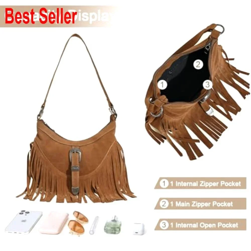 Faux Suede Mini Hobo Crossbody Bag with Fringe & Tassel
